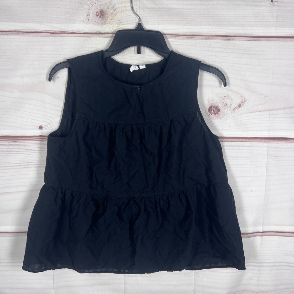 Gap Peplum Top Womens M Black Sleeveless Tiered Cotton Blend Babydoll Casual